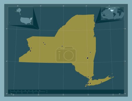 Photo for New York, state of United States of America. Solid color shape. Locations of major cities of the region. Corner auxiliary location maps - Royalty Free Image