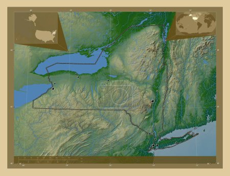 Photo for New York, state of United States of America. Colored elevation map with lakes and rivers. Locations of major cities of the region. Corner auxiliary location maps - Royalty Free Image