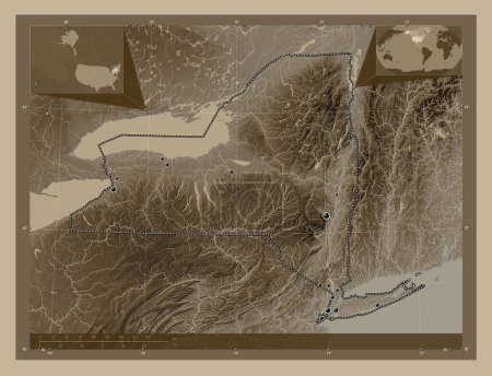 Foto de Nueva York, estado de los Estados Unidos de América. Mapa de elevación coloreado en tonos sepia con lagos y ríos. Ubicaciones de las principales ciudades de la región. Mapas de ubicación auxiliares de esquina - Imagen libre de derechos