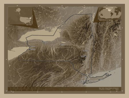 Foto de Nueva York, estado de los Estados Unidos de América. Mapa de elevación coloreado en tonos sepia con lagos y ríos. Ubicaciones y nombres de las principales ciudades de la región. Mapas de ubicación auxiliares de esquina - Imagen libre de derechos