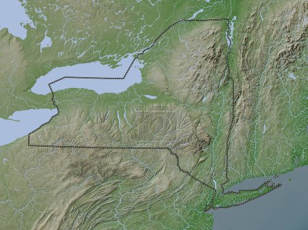 Téléchargez les photos : New York, État des États-Unis. Carte d'altitude colorée dans le style wiki avec des lacs et des rivières - en image libre de droit