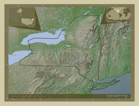 Photo for New York, state of United States of America. Elevation map colored in wiki style with lakes and rivers. Locations and names of major cities of the region. Corner auxiliary location maps - Royalty Free Image