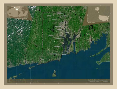 Photo for Rhode Island, state of United States of America. High resolution satellite map. Locations and names of major cities of the region. Corner auxiliary location maps - Royalty Free Image