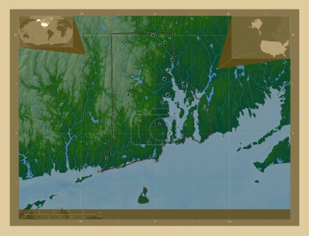 Téléchargez les photos : Rhode Island, État des États-Unis d'Amérique. Carte d'altitude colorée avec lacs et rivières. Emplacements des grandes villes de la région. Corner cartes de localisation auxiliaires - en image libre de droit