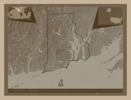 Téléchargez les photos : Rhode Island, État des États-Unis d'Amérique. Carte d'altitude colorée dans des tons sépia avec des lacs et des rivières. Corner cartes de localisation auxiliaires - en image libre de droit