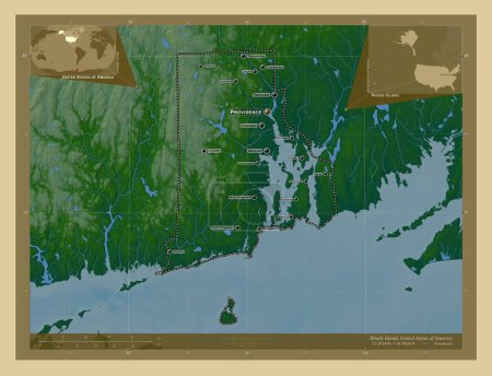 Foto de Rhode Island, estado de los Estados Unidos de América. Mapa de elevación de colores con lagos y ríos. Ubicaciones y nombres de las principales ciudades de la región. Mapas de ubicación auxiliares de esquina - Imagen libre de derechos