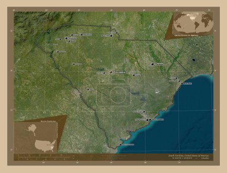 Foto de Carolina del Sur, estado de los Estados Unidos de América. Mapa satelital de baja resolución. Ubicaciones y nombres de las principales ciudades de la región. Mapas de ubicación auxiliares de esquina - Imagen libre de derechos