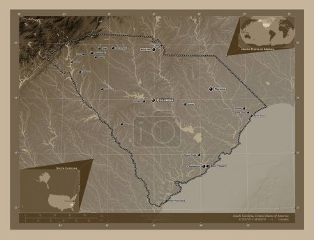 Photo for South Carolina, state of United States of America. Elevation map colored in sepia tones with lakes and rivers. Locations and names of major cities of the region. Corner auxiliary location maps - Royalty Free Image