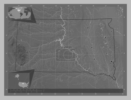 Photo for South Dakota, state of United States of America. Grayscale elevation map with lakes and rivers. Locations of major cities of the region. Corner auxiliary location maps - Royalty Free Image