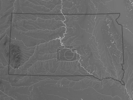 Foto de Dakota del Sur, estado de los Estados Unidos de América. Mapa de elevación a escala de grises con lagos y ríos - Imagen libre de derechos
