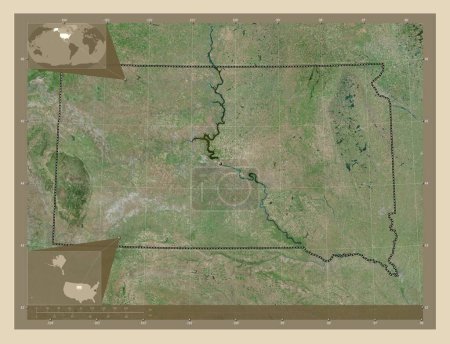 Foto de Dakota del Sur, estado de los Estados Unidos de América. Mapa satelital de alta resolución. Mapas de ubicación auxiliares de esquina - Imagen libre de derechos
