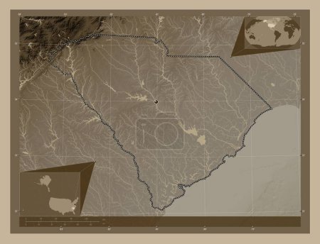 Photo for South Carolina, state of United States of America. Elevation map colored in sepia tones with lakes and rivers. Corner auxiliary location maps - Royalty Free Image