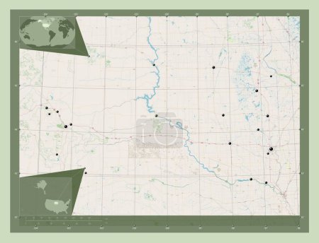 Foto de Dakota del Sur, estado de los Estados Unidos de América. Open Street Map. Ubicaciones de las principales ciudades de la región. Mapas de ubicación auxiliares de esquina - Imagen libre de derechos