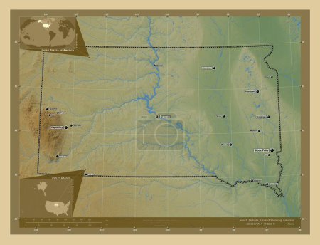 Foto de Dakota del Sur, estado de los Estados Unidos de América. Mapa de elevación de colores con lagos y ríos. Ubicaciones y nombres de las principales ciudades de la región. Mapas de ubicación auxiliares de esquina - Imagen libre de derechos