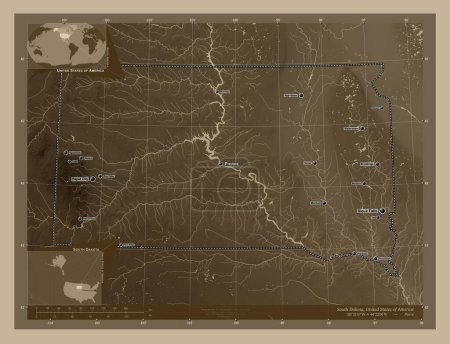 Téléchargez les photos : Dakota du Sud, État des États-Unis d'Amérique. Carte d'altitude colorée dans des tons sépia avec des lacs et des rivières. Emplacements et noms des grandes villes de la région. Corner cartes de localisation auxiliaires - en image libre de droit