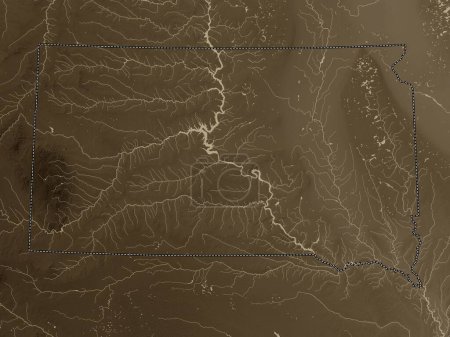 Foto de Dakota del Sur, estado de los Estados Unidos de América. Mapa de elevación coloreado en tonos sepia con lagos y ríos - Imagen libre de derechos