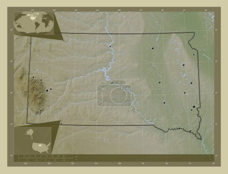Foto de Dakota del Sur, estado de los Estados Unidos de América. Mapa de elevación coloreado en estilo wiki con lagos y ríos. Ubicaciones de las principales ciudades de la región. Mapas de ubicación auxiliares de esquina - Imagen libre de derechos