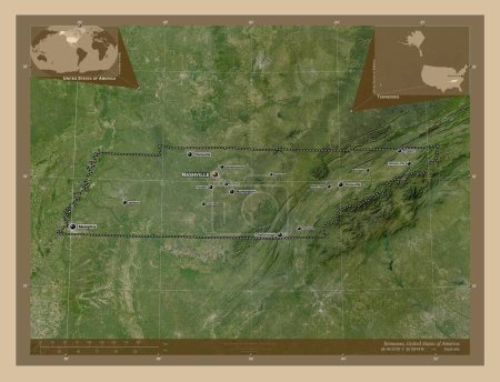 Foto de Tennessee, estado de los Estados Unidos de América. Mapa satelital de baja resolución. Ubicaciones y nombres de las principales ciudades de la región. Mapas de ubicación auxiliares de esquina - Imagen libre de derechos
