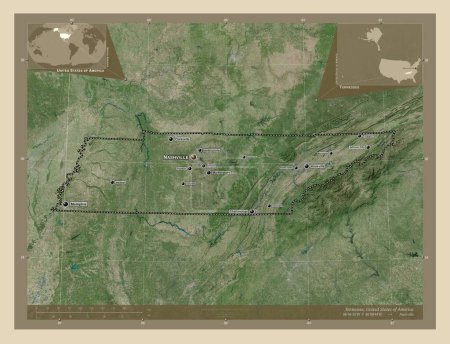 Foto de Tennessee, estado de los Estados Unidos de América. Mapa satelital de alta resolución. Ubicaciones y nombres de las principales ciudades de la región. Mapas de ubicación auxiliares de esquina - Imagen libre de derechos