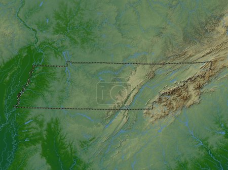 Foto de Tennessee, estado de los Estados Unidos de América. Mapa de elevación de colores con lagos y ríos - Imagen libre de derechos