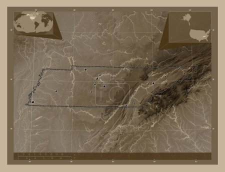 Foto de Tennessee, estado de los Estados Unidos de América. Mapa de elevación coloreado en tonos sepia con lagos y ríos. Ubicaciones de las principales ciudades de la región. Mapas de ubicación auxiliares de esquina - Imagen libre de derechos