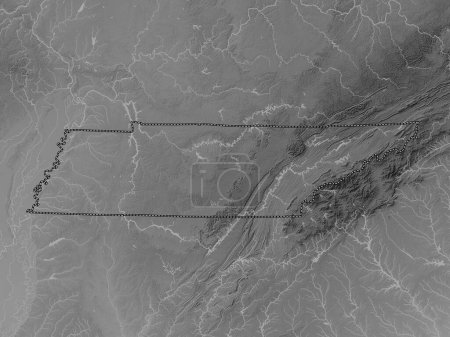 Foto de Tennessee, estado de los Estados Unidos de América. Mapa de elevación a escala de grises con lagos y ríos - Imagen libre de derechos
