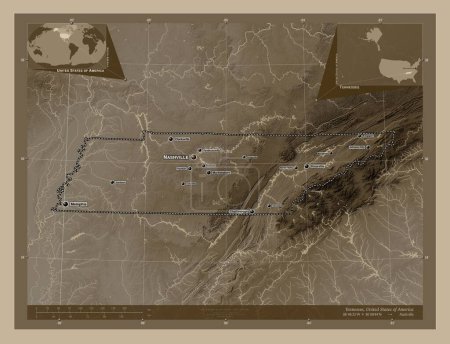 Foto de Tennessee, estado de los Estados Unidos de América. Mapa de elevación coloreado en tonos sepia con lagos y ríos. Ubicaciones y nombres de las principales ciudades de la región. Mapas de ubicación auxiliares de esquina - Imagen libre de derechos