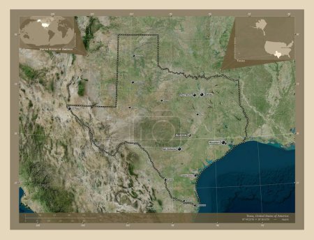 Foto de Texas, estado de los Estados Unidos de América. Mapa satelital de alta resolución. Ubicaciones y nombres de las principales ciudades de la región. Mapas de ubicación auxiliares de esquina - Imagen libre de derechos
