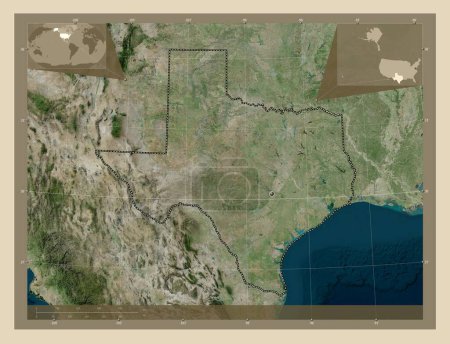 Foto de Texas, estado de los Estados Unidos de América. Mapa satelital de alta resolución. Mapas de ubicación auxiliares de esquina - Imagen libre de derechos