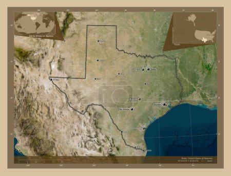 Foto de Texas, estado de los Estados Unidos de América. Mapa satelital de baja resolución. Ubicaciones y nombres de las principales ciudades de la región. Mapas de ubicación auxiliares de esquina - Imagen libre de derechos