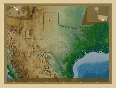 Foto de Texas, estado de los Estados Unidos de América. Mapa de elevación de colores con lagos y ríos. Ubicaciones de las principales ciudades de la región. Mapas de ubicación auxiliares de esquina - Imagen libre de derechos