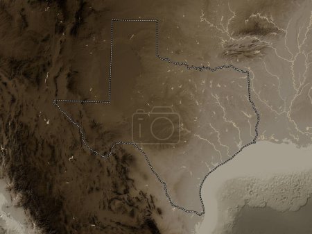 Foto de Texas, estado de los Estados Unidos de América. Mapa de elevación coloreado en tonos sepia con lagos y ríos - Imagen libre de derechos