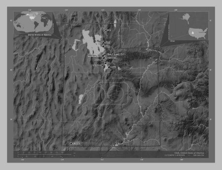 Téléchargez les photos : Utah, État des États-Unis d'Amérique. Carte d'altitude en niveaux de gris avec lacs et rivières. Emplacements et noms des grandes villes de la région. Corner cartes de localisation auxiliaires - en image libre de droit
