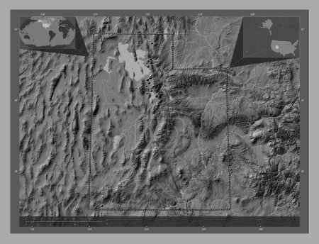 Photo for Utah, state of United States of America. Bilevel elevation map with lakes and rivers. Locations of major cities of the region. Corner auxiliary location maps - Royalty Free Image