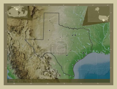 Foto de Texas, estado de los Estados Unidos de América. Mapa de elevación coloreado en estilo wiki con lagos y ríos. Ubicaciones de las principales ciudades de la región. Mapas de ubicación auxiliares de esquina - Imagen libre de derechos