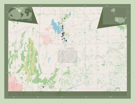 Foto de Utah, estado de los Estados Unidos de América. Open Street Map. Ubicaciones de las principales ciudades de la región. Mapas de ubicación auxiliares de esquina - Imagen libre de derechos