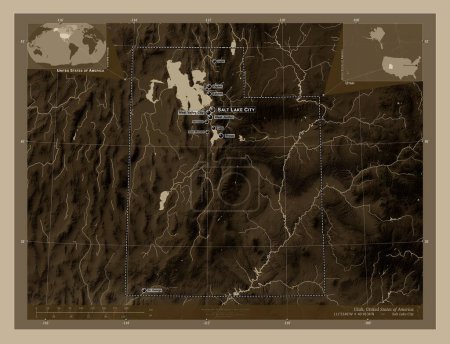 Foto de Utah, estado de los Estados Unidos de América. Mapa de elevación coloreado en tonos sepia con lagos y ríos. Ubicaciones y nombres de las principales ciudades de la región. Mapas de ubicación auxiliares de esquina - Imagen libre de derechos