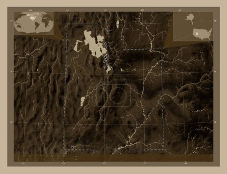 Photo for Utah, state of United States of America. Elevation map colored in sepia tones with lakes and rivers. Locations of major cities of the region. Corner auxiliary location maps - Royalty Free Image