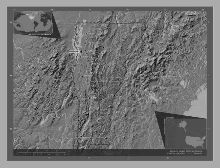 Téléchargez les photos : Vermont, État des États-Unis d'Amérique. Carte d'altitude de Bilevel avec lacs et rivières. Emplacements et noms des grandes villes de la région. Corner cartes de localisation auxiliaires - en image libre de droit