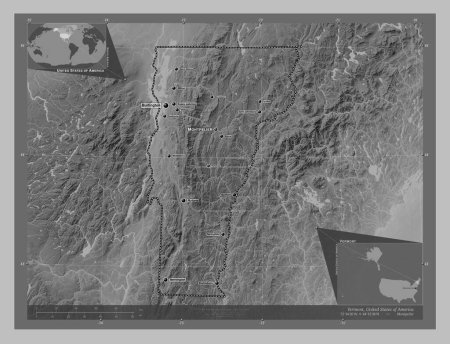 Téléchargez les photos : Vermont, État des États-Unis d'Amérique. Carte d'altitude en niveaux de gris avec lacs et rivières. Emplacements et noms des grandes villes de la région. Corner cartes de localisation auxiliaires - en image libre de droit