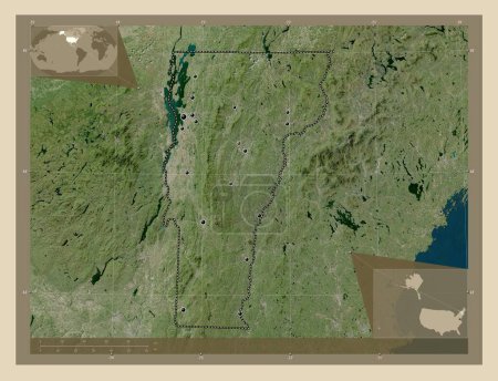 Téléchargez les photos : Vermont, État des États-Unis d'Amérique. Carte satellite haute résolution. Emplacements des grandes villes de la région. Corner cartes de localisation auxiliaires - en image libre de droit