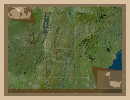 Téléchargez les photos : Vermont, État des États-Unis d'Amérique. Carte satellite basse résolution. Emplacements des grandes villes de la région. Corner cartes de localisation auxiliaires - en image libre de droit