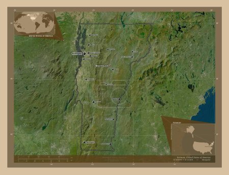Téléchargez les photos : Vermont, État des États-Unis d'Amérique. Carte satellite basse résolution. Emplacements et noms des grandes villes de la région. Corner cartes de localisation auxiliaires - en image libre de droit