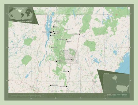 Foto de Vermont, estado de los Estados Unidos de América. Open Street Map. Ubicaciones y nombres de las principales ciudades de la región. Mapas de ubicación auxiliares de esquina - Imagen libre de derechos