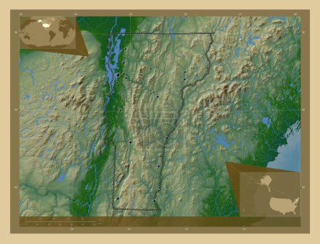 Foto de Vermont, estado de los Estados Unidos de América. Mapa de elevación de colores con lagos y ríos. Ubicaciones de las principales ciudades de la región. Mapas de ubicación auxiliares de esquina - Imagen libre de derechos