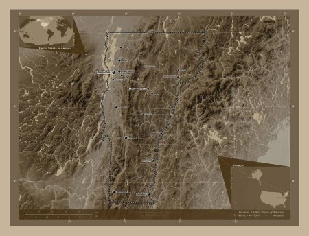 Foto de Vermont, estado de los Estados Unidos de América. Mapa de elevación coloreado en tonos sepia con lagos y ríos. Ubicaciones y nombres de las principales ciudades de la región. Mapas de ubicación auxiliares de esquina - Imagen libre de derechos