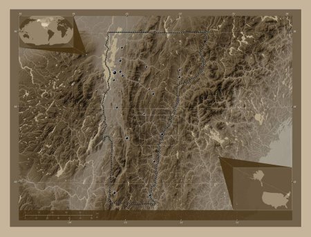 Foto de Vermont, estado de los Estados Unidos de América. Mapa de elevación coloreado en tonos sepia con lagos y ríos. Ubicaciones de las principales ciudades de la región. Mapas de ubicación auxiliares de esquina - Imagen libre de derechos
