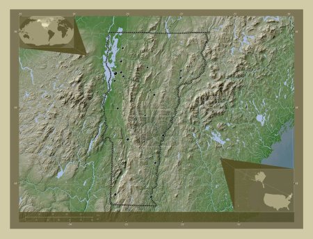 Foto de Vermont, estado de los Estados Unidos de América. Mapa de elevación coloreado en estilo wiki con lagos y ríos. Ubicaciones de las principales ciudades de la región. Mapas de ubicación auxiliares de esquina - Imagen libre de derechos