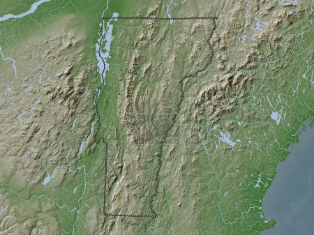Téléchargez les photos : Vermont, État des États-Unis d'Amérique. Carte d'altitude colorée dans le style wiki avec des lacs et des rivières - en image libre de droit