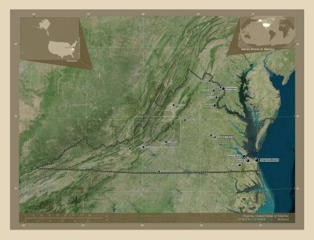 Téléchargez les photos : Virginie, État des États-Unis d'Amérique. Carte satellite haute résolution. Emplacements et noms des grandes villes de la région. Corner cartes de localisation auxiliaires - en image libre de droit